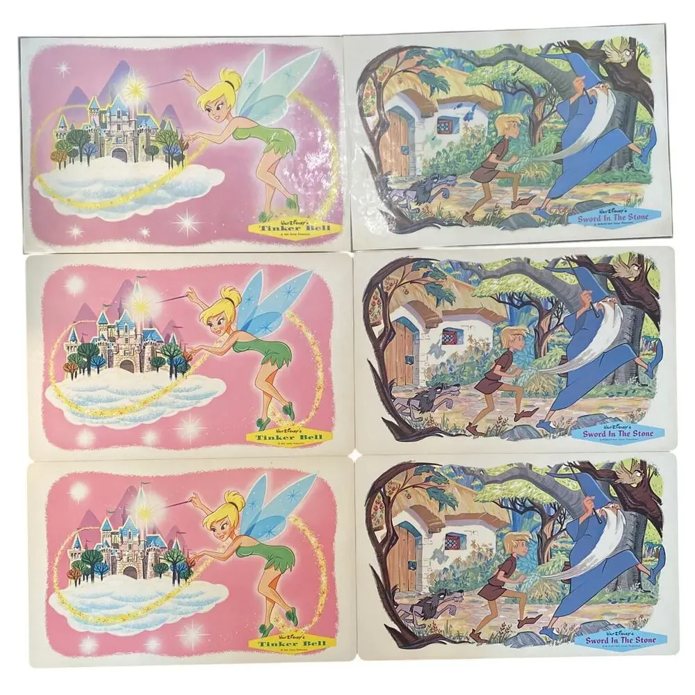 Vintage 1960s Walt Disney Laminated Placemats Tinker Bell Sword Stone Set 6